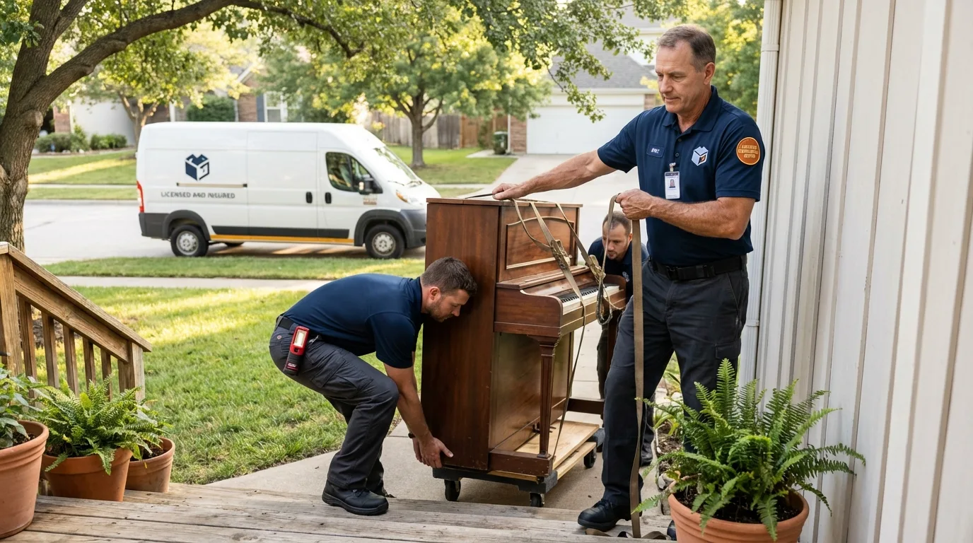 Licensed piano movers securing grand piano in Quinebaug, CT