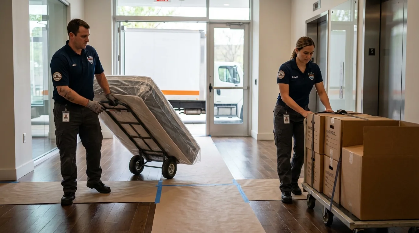 Professional apartment movers loading elevator in Quinebaug, CT